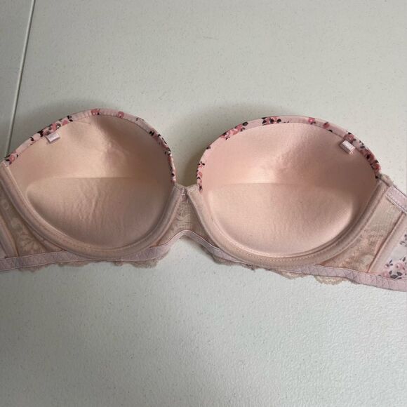 Laura Ashley Pink Peach Floral Strapless Push Up Bra Lace Women 34C No Straps - Picture 10 of 15